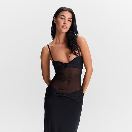 Damen Maxikleid mit tiefem V-Ausschnitt und raffinierten Knoten-Details EB