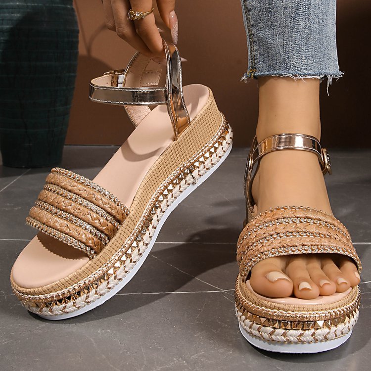Damen Riemensandalen mit modischer Schmuckverzierung und Plateau-Rand EB