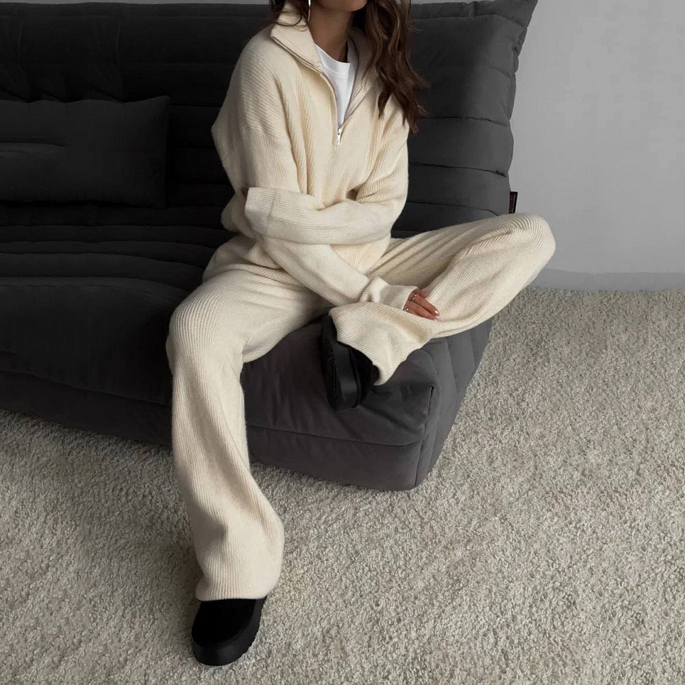 Damen Rippstrick-Loungewear-Set mit Halbzip-Longpullover und High‑Waist-Rippleggings EB