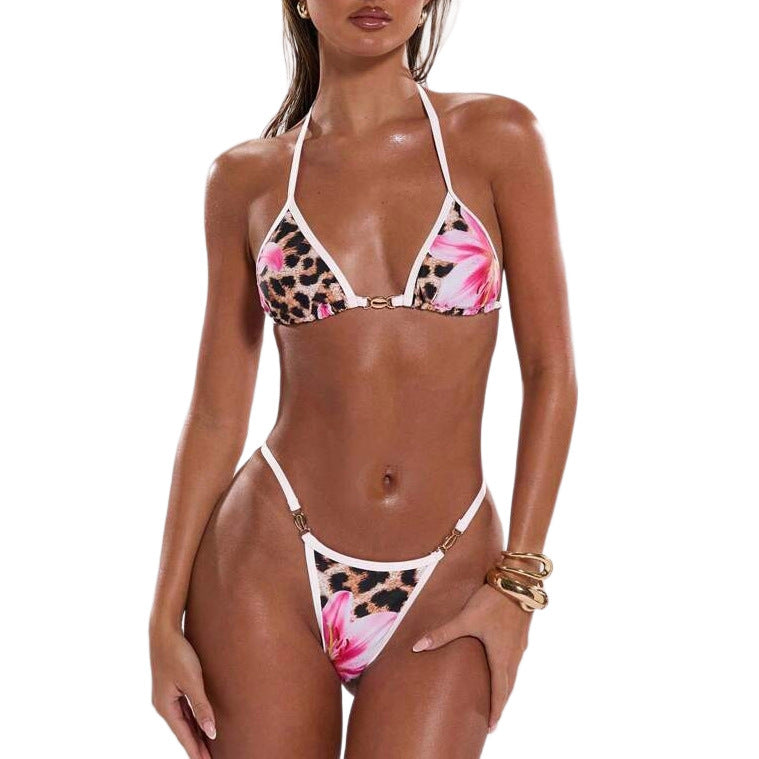 Damen Triangel-Bikini mit fröhlichem Blumendruck und tierischem Muster EB