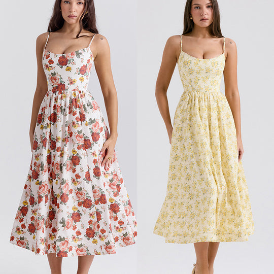 Damen Midi-Kleid mit elegantem Blumenmuster und zartem Taillenzug EB