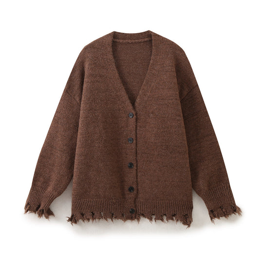 Damen lässige Strickjacke mit fransigem Saum und knöpfbarem Verschluss EB
