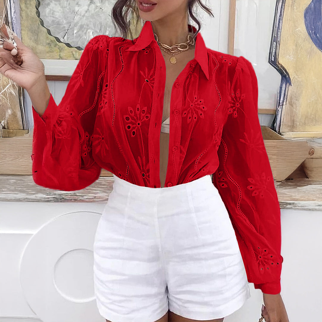 Damen Transparente Bluse mit Stickereien und Rüschendetails EB