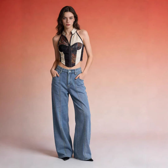 Damen Hoch taillierte weite Jeans mit raffinierten Nahtdetails EB