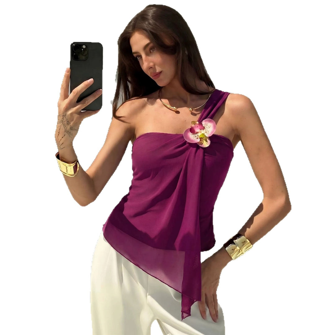 Damen nan asymmetrisches Einschulter-Chiffon-Oberteil mit Drapierung und Zierbrosche EB