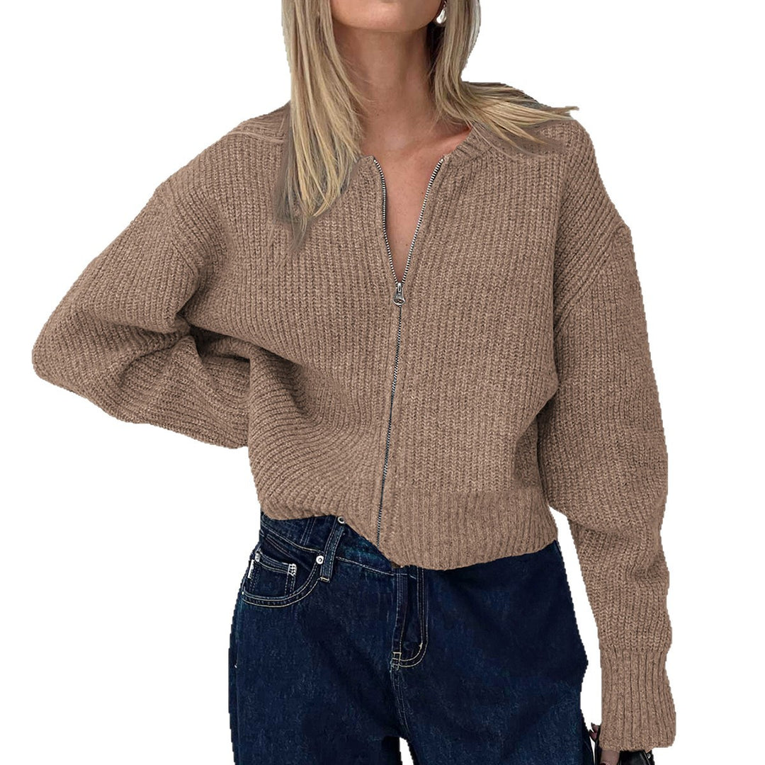 Damen nan kurzes Zip-Strickoberteil mit geripptem Saum, überschnittener Schulter und weichem Wollmix EB