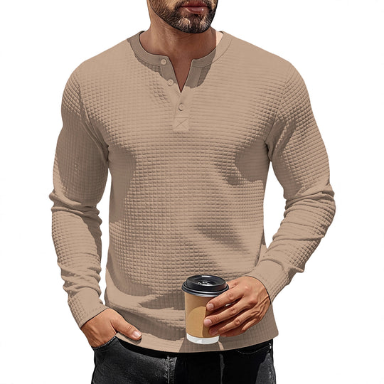 Herren nan strukturiertes Henley-Langarmshirt aus Waffelstrick mit Stehkragen und schmaler Silhouette EB