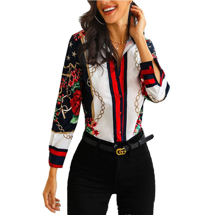 Damen Bluse mit floralem Muster und dekorativen Kettendetails EB
