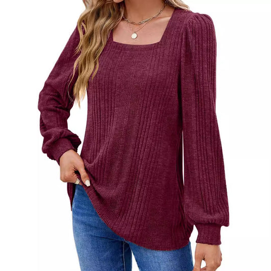Damen modischer Pullover mit strukturiertem Rippmuster und Puffärmeln EB