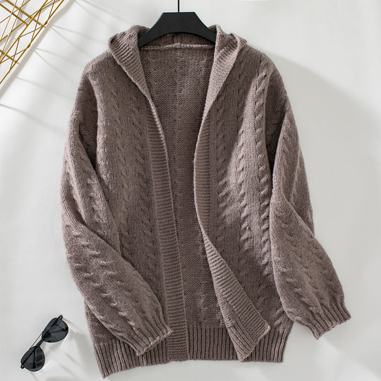 Damen Strickjacke mit Kapuze und feinem Zopfstrick EB