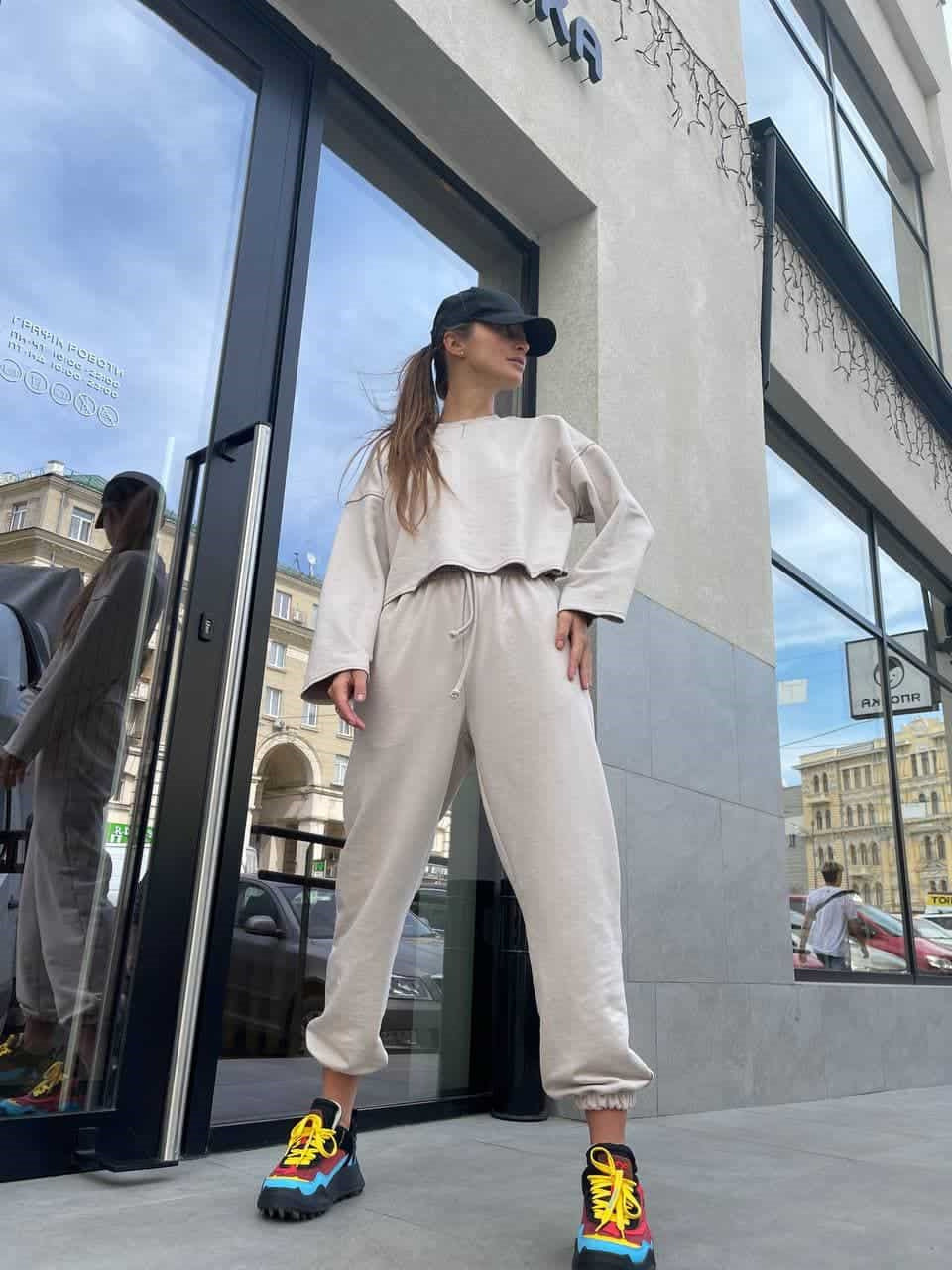 Damen lässiges Oversize-Lounge-Set mit weitem Crewneck-Sweater und elastischer Kordelbund-Jogginghose EB