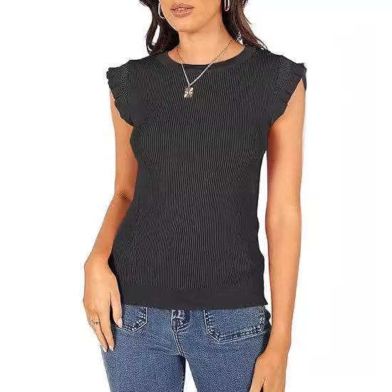 Damen figurbetontes Ripp-Shirt mit Rüschen EB