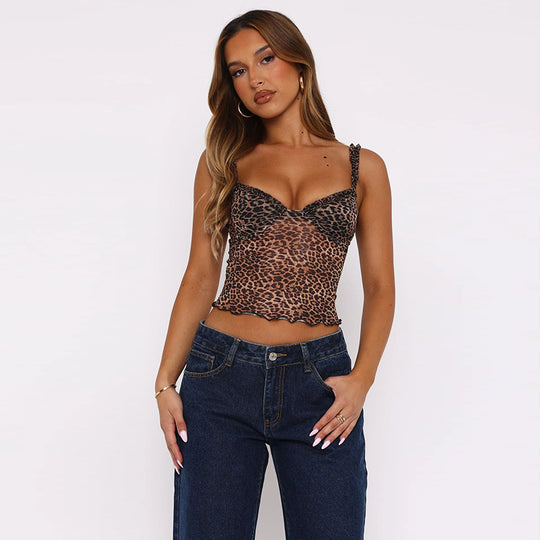 Damen verspieltes Spitzen-Crop-Top mit aufregendem Leopardenmuster EB