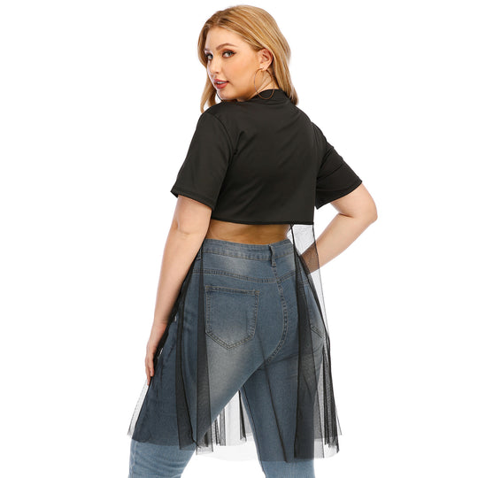 Damen modisches Crop-Top mit transparentem Überwurf und Glitzerbesatz EB