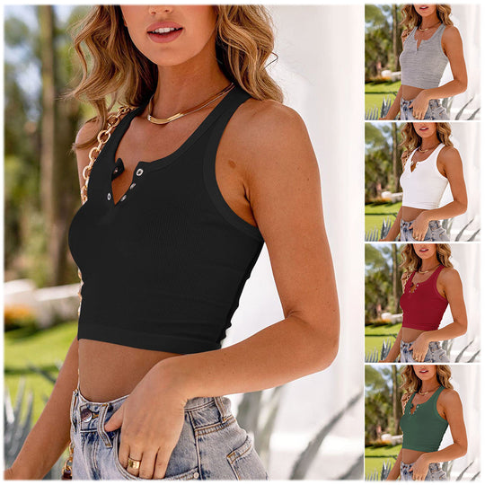 Damen Kurzarm Tanktop mit Knopfdetails und Rippstruktur EB