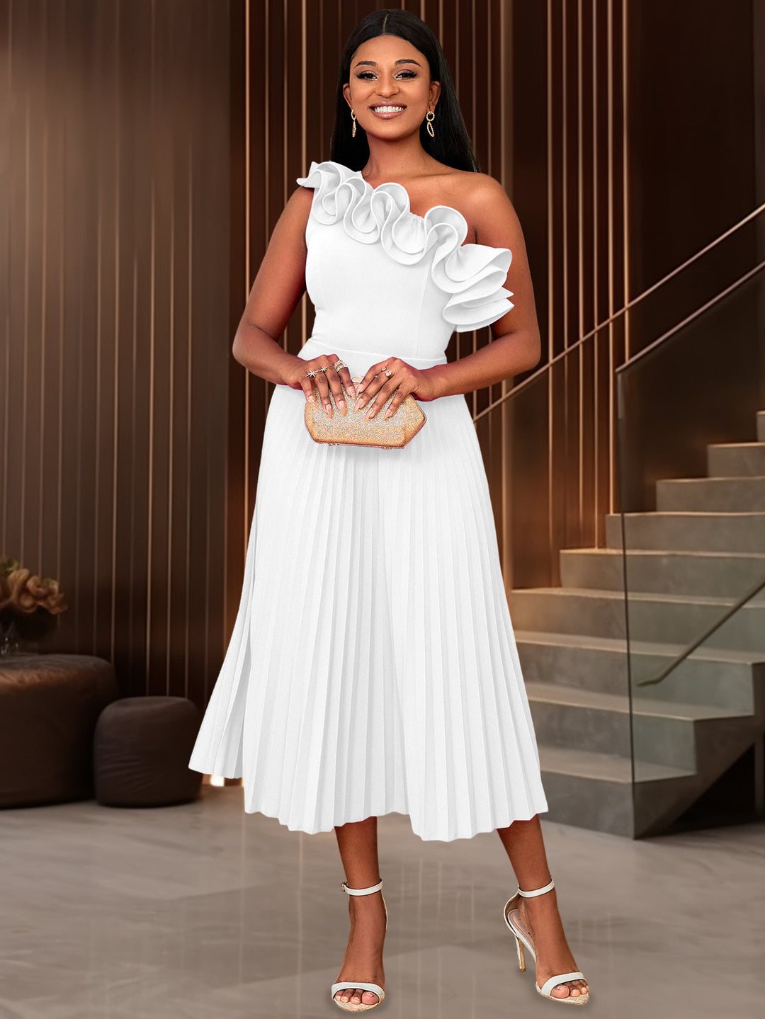 Damen Faltendes Maxikleid mit asymmetrischem Ausschnitt und Rüschen EB