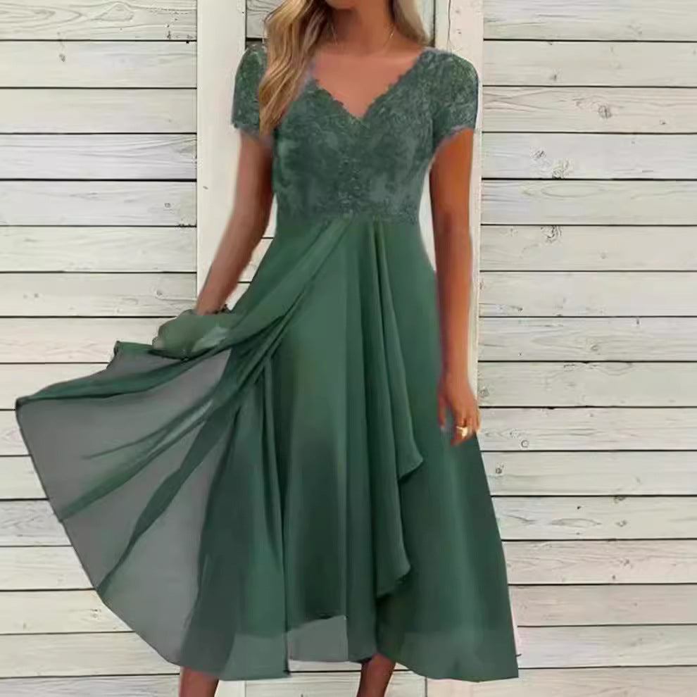 Damen Maxikleid mit elegantem Spitzeneinsatz und fließendem Rock Heidi-Mode