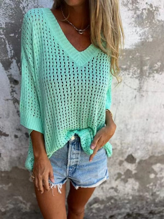 Damen nan luftig gestrickter V-Ausschnitt Pullover im Oversize-Schnitt EB