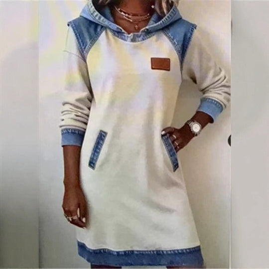 Damen nan Kapuzen-Sweatkleid mit Jeans-Applikationen, Kängurutaschen und lässigem Schnitt EB