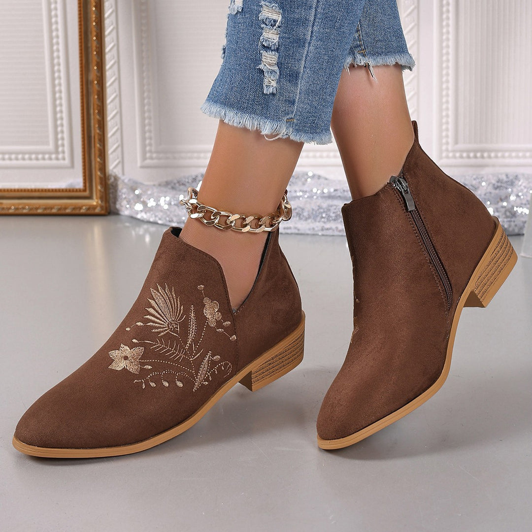 Damen Stiefeletten mit floralem Stickdesign und seitlichem Reißverschluss EB