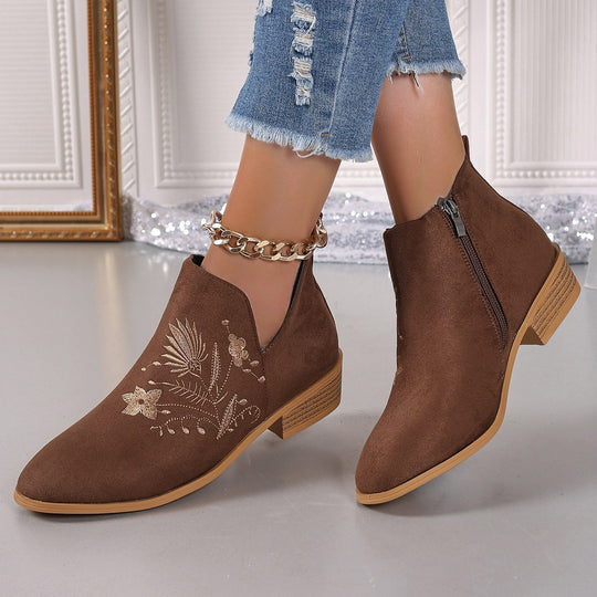Damen Stiefeletten mit floralem Stickdesign und seitlichem Reißverschluss EB