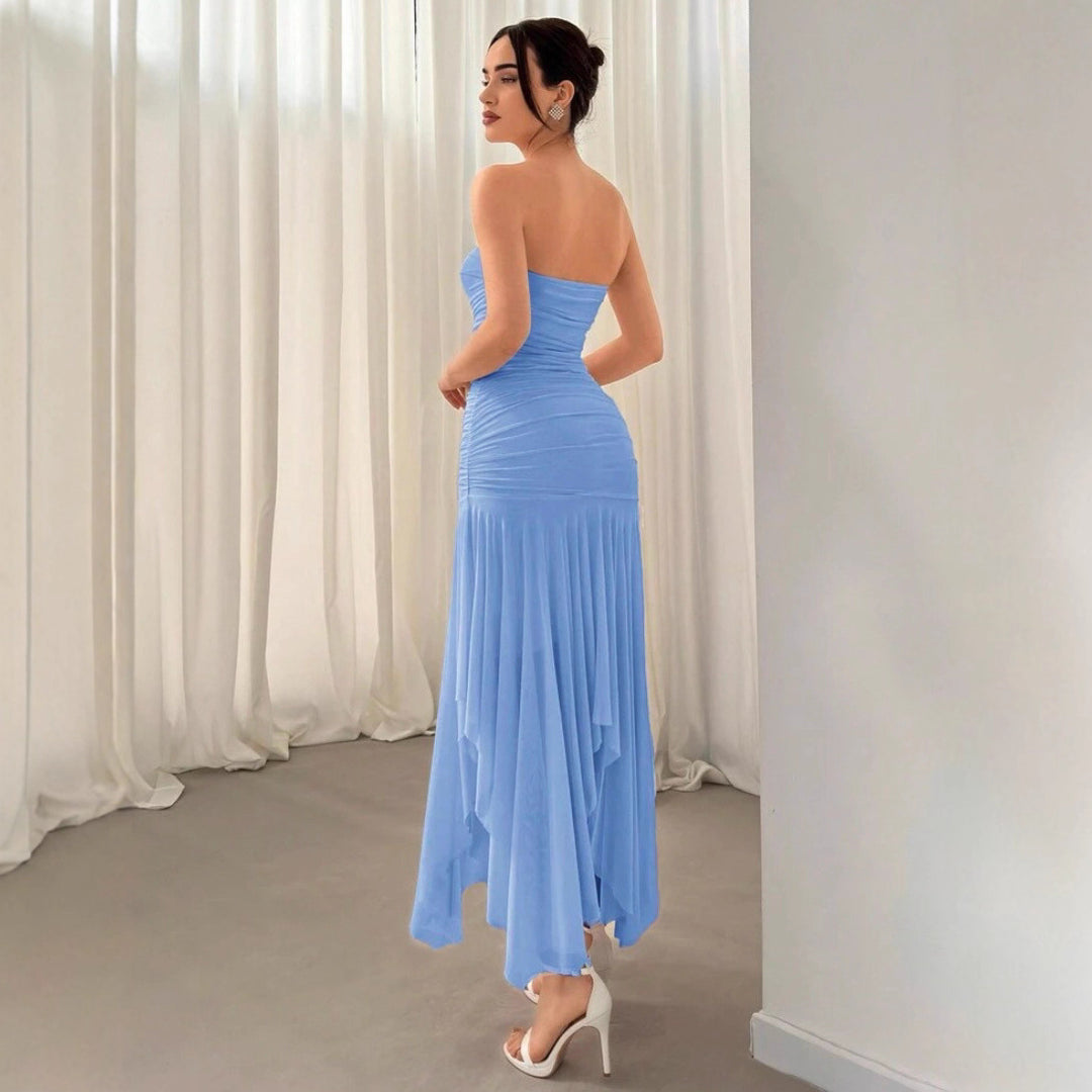 Damen Extravaganter Maxikleid mit Raffungen und asymmetrischem Saum EB