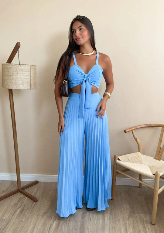 Damen Plissierte weite Hose mit Bindegürtel EB