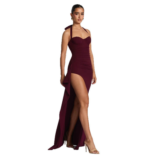 Damen Elegantes Kleid mit asymmetrischem Saum und schicker Nackenbindung EB