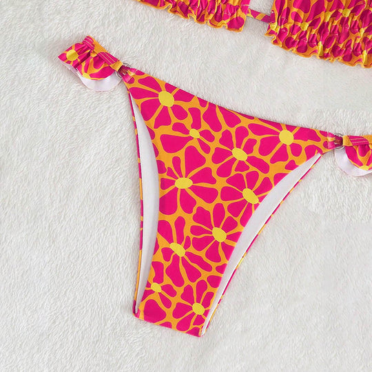Damen Triangel-Bikini mit verspieltem Blumenmuster und Rüschendetails EB