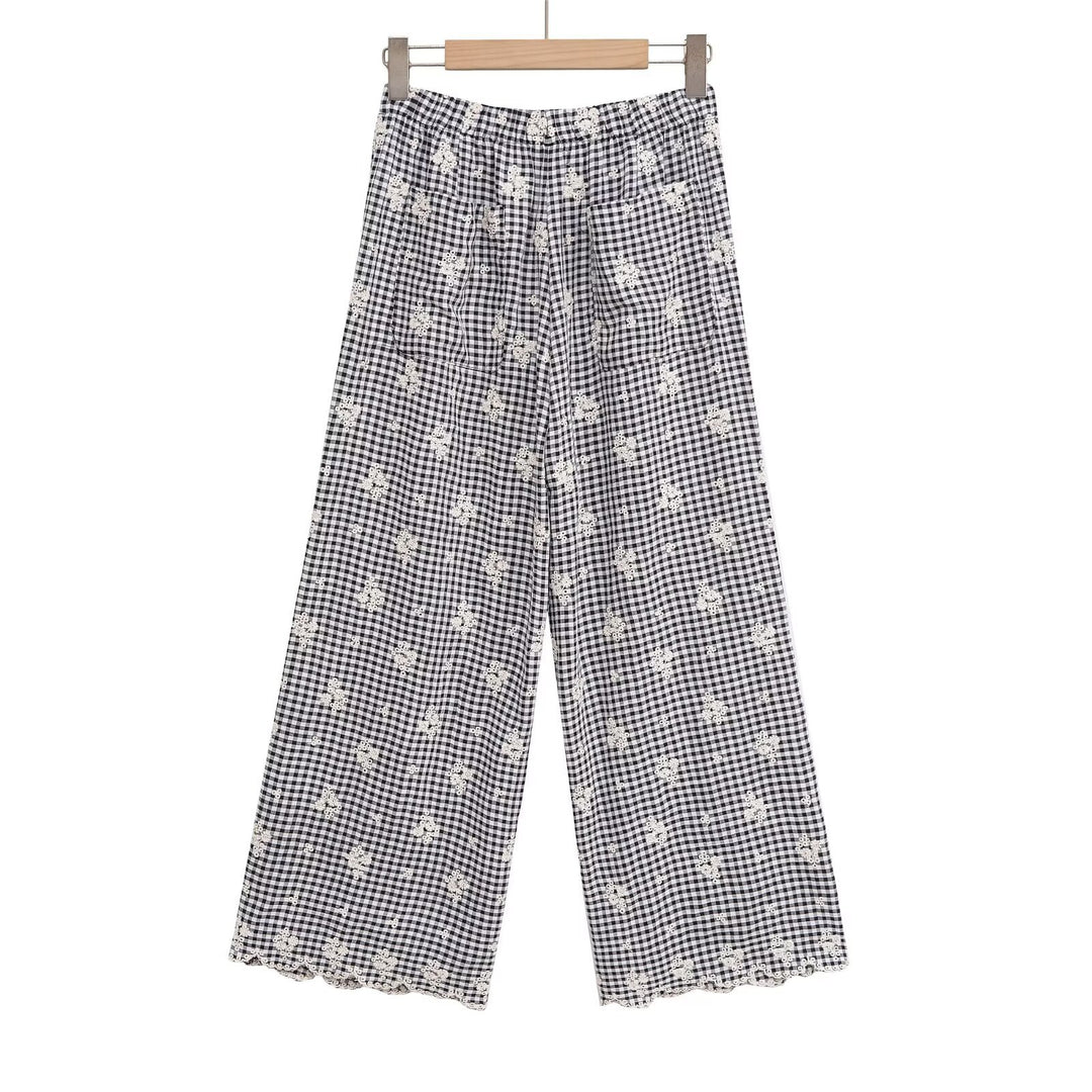 Damen weite Karottenhose mit floralem Gingham-Muster und eleganter Kantenverzierung EB
