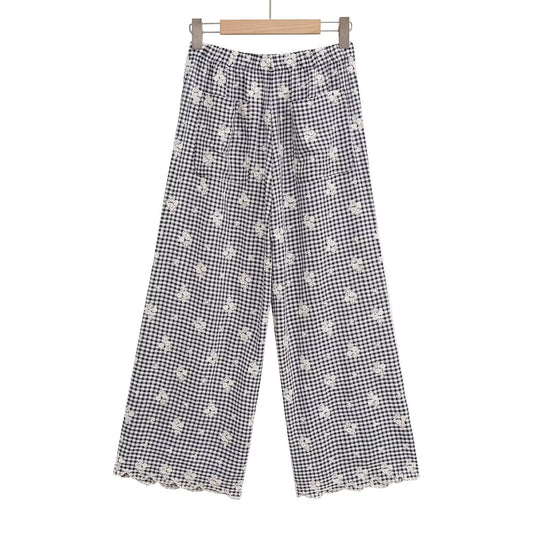 Damen weite Karottenhose mit floralem Gingham-Muster und eleganter Kantenverzierung EB