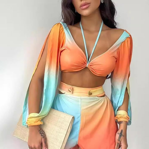 Damen cropped Top mit schulterfreien Ärmeln und farbverlaufendem Design EB