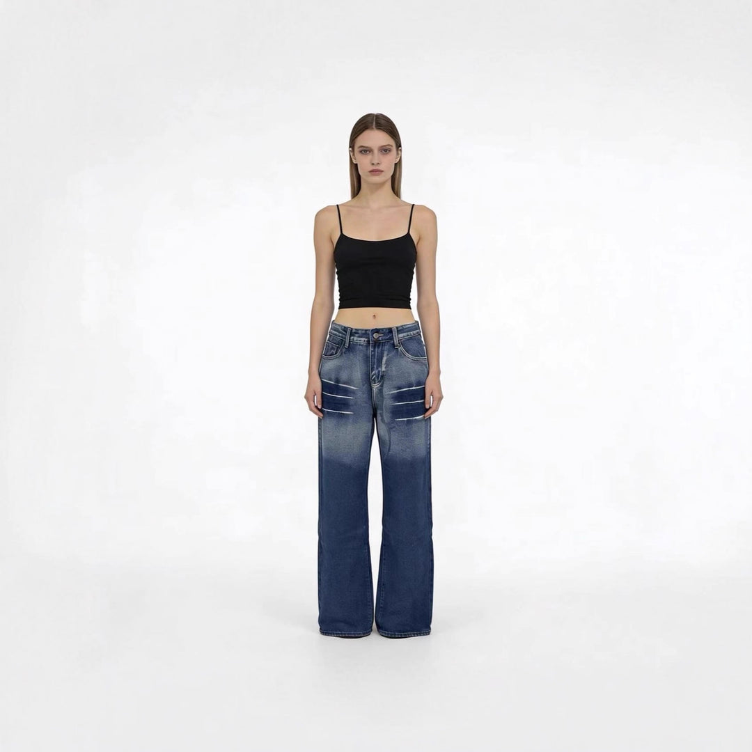 Damen weite hochgeschnittene Jeans mit besonderem Waschungseffekt EB