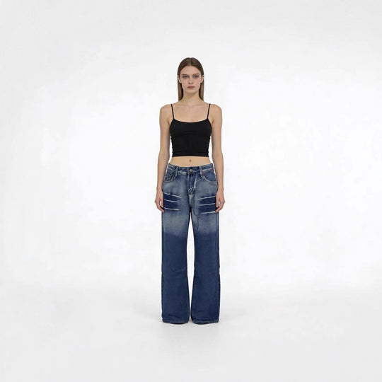 Damen weite hochgeschnittene Jeans mit besonderem Waschungseffekt EB