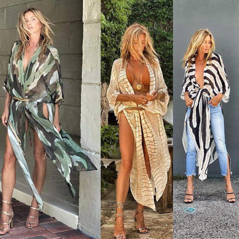 Damen elegantes Kaftan-Kleid mit einzigartigem Camouflage-Design und Taillengürtel EB