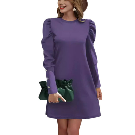 Damen nan elegantes A-Linien Minikleid mit gerafften Puffärmeln und dekorativen Manschettenknöpfen EB