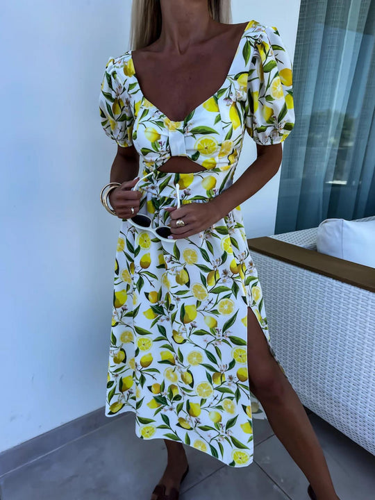 Damen Maxi Kleid mit Fruchtmotiv und Cut-Out-Details EB