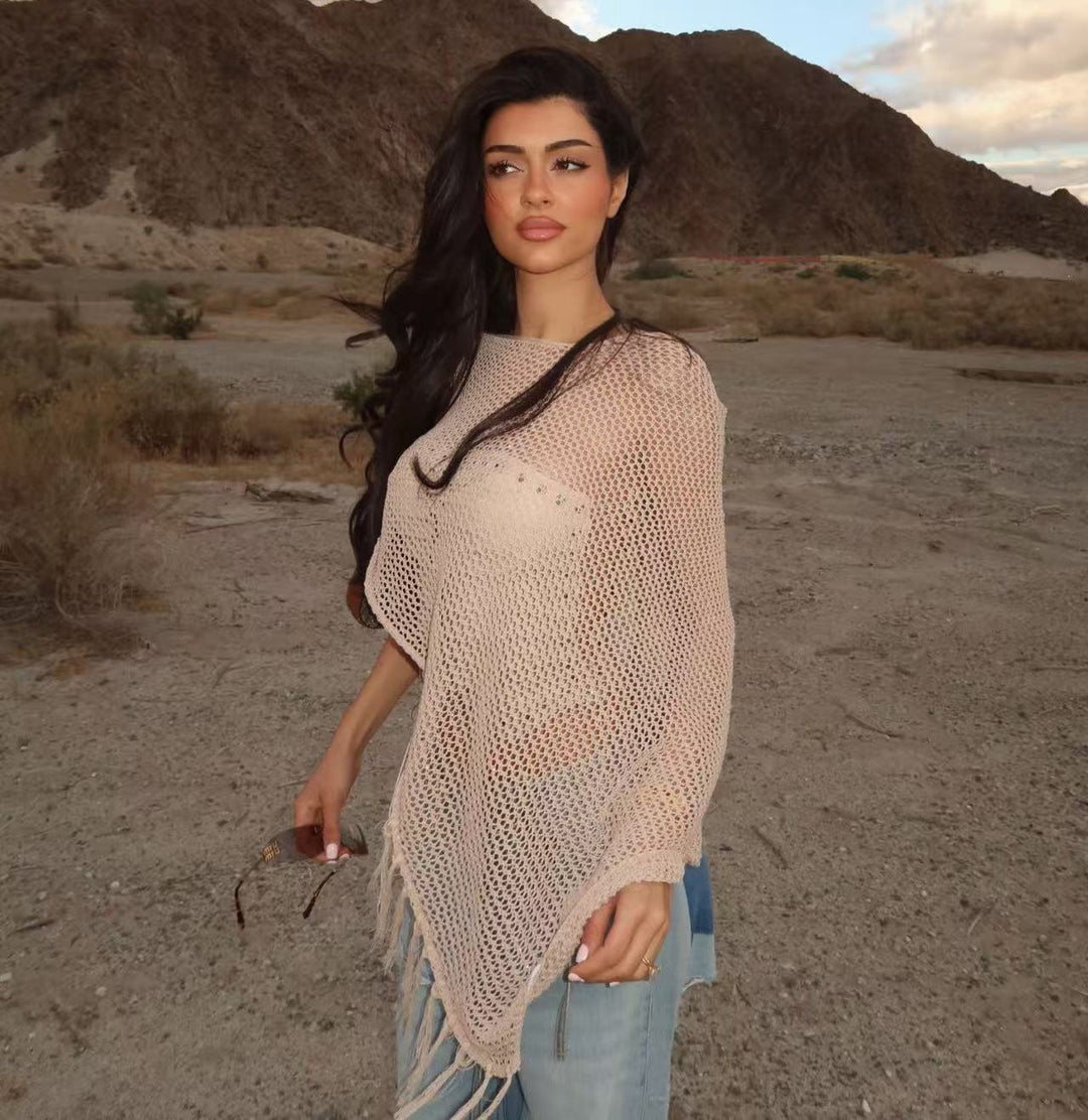Damen Netzponcho mit funkelnden Akzenten EB