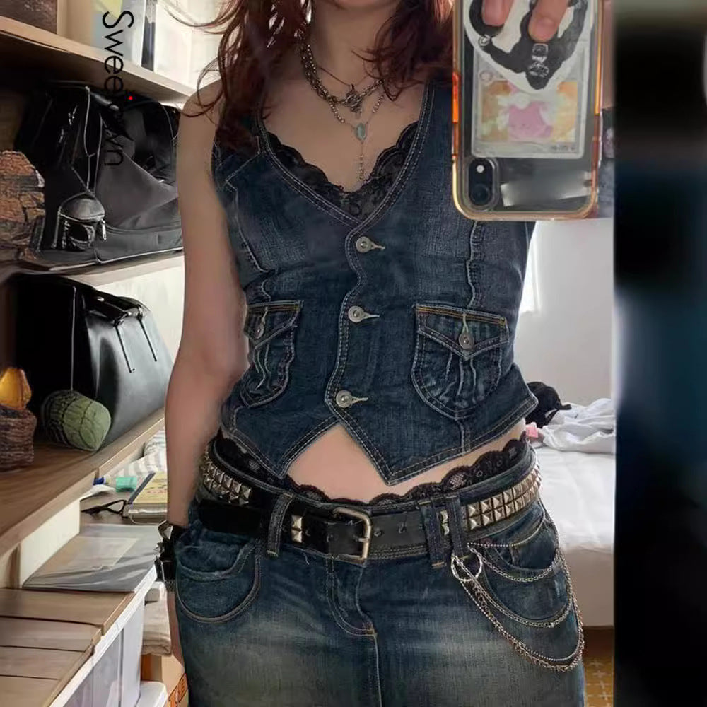 Damen Denim-Bustierjacke mit nostalgischem Spitzeneinsatz und dekorativen Knopfdetails EB