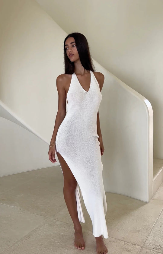 Damen Elegantes Strick-Maxikleid mit hohem Schlitz EB