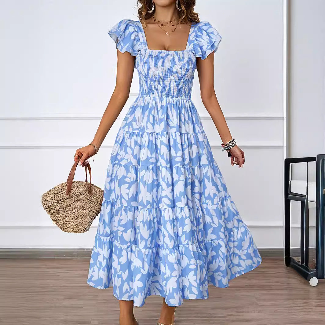Damen Maxikleid mit voluminösen Rüschendetails und schwingendem Rock EB