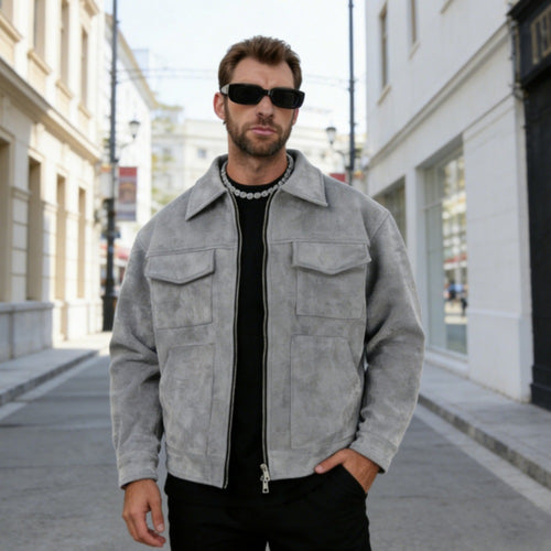 Herren nan oversized Velourslederjacke mit Reißverschluss, Hemdkragen und aufgesetzten Pattentaschen EB