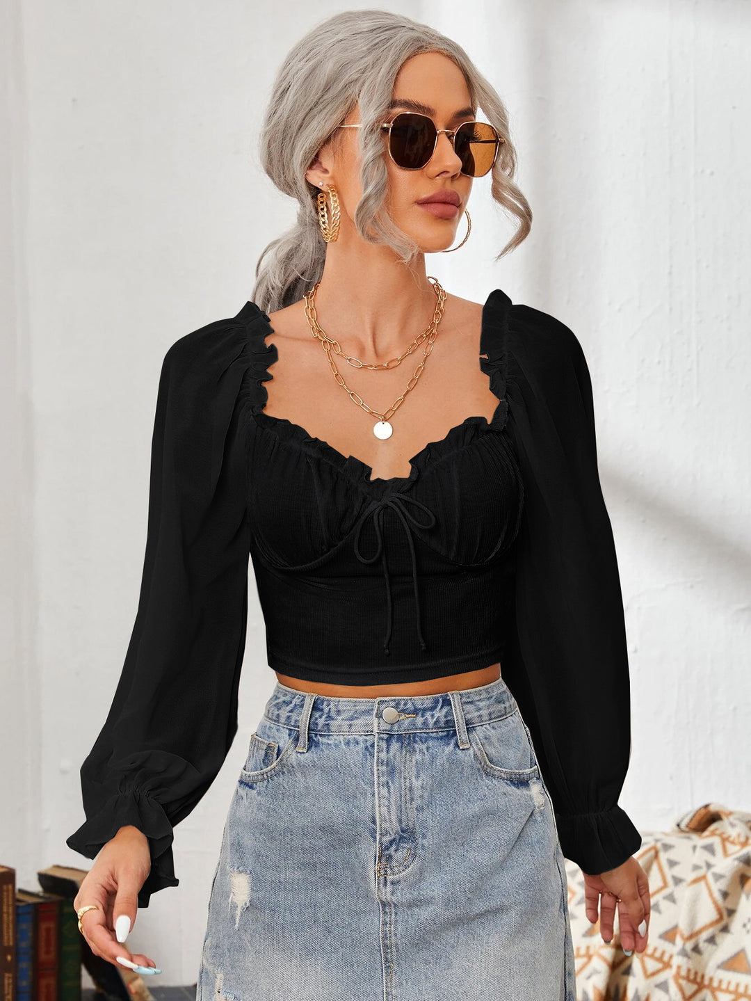 Damen Cropped-Bluse mit Rüschen und eleganten Puffärmeln EB