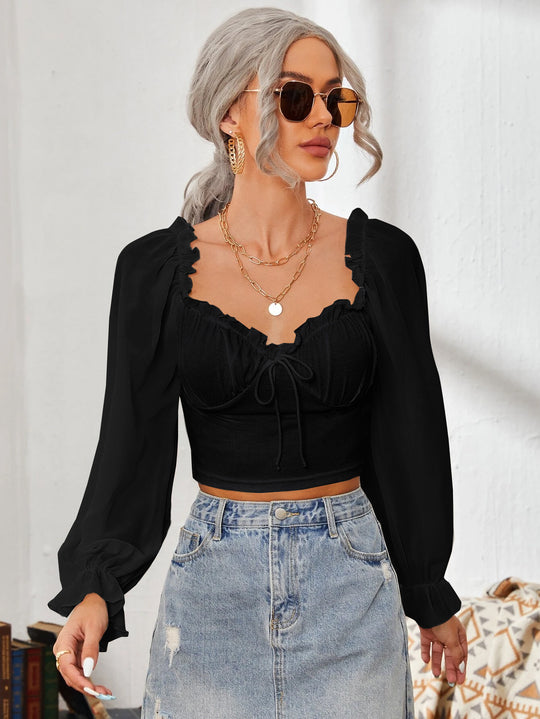 Damen Cropped-Bluse mit Rüschen und eleganten Puffärmeln EB