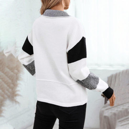 Damen modischer Pullover mit Polo-Kragen und kontrastierenden Streifen EB