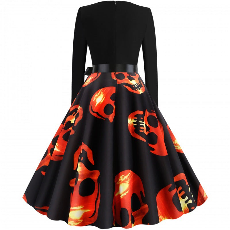 Damen Vintage Swing-Kleid mit tailliertem Oberteil, Tellerrock und großflächigem Totenkopf-Print EB