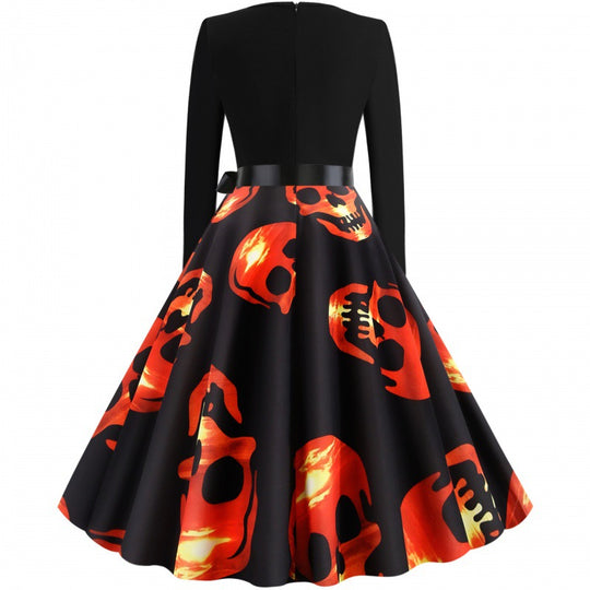 Damen Vintage Swing-Kleid mit tailliertem Oberteil, Tellerrock und großflächigem Totenkopf-Print EB