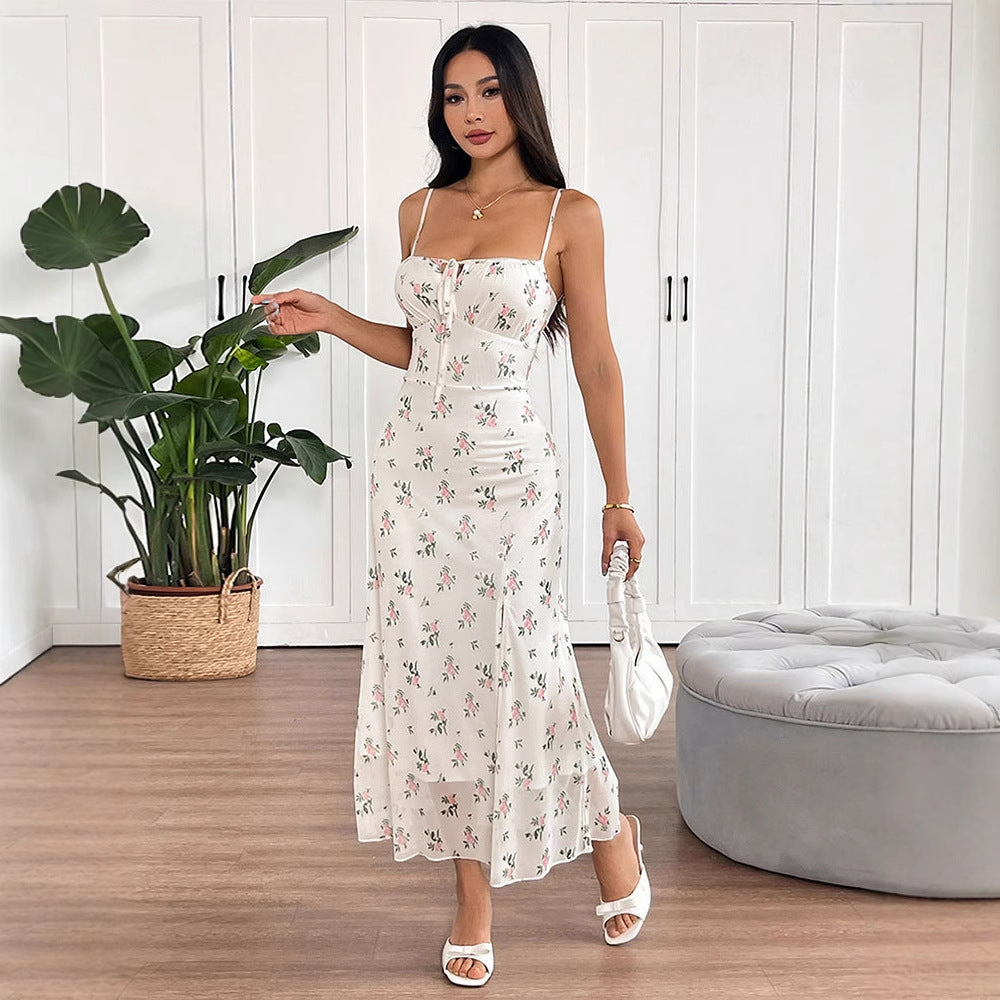 Damen Maxikleid mit feinen Spaghetti-Trägern und floralem Druck EB