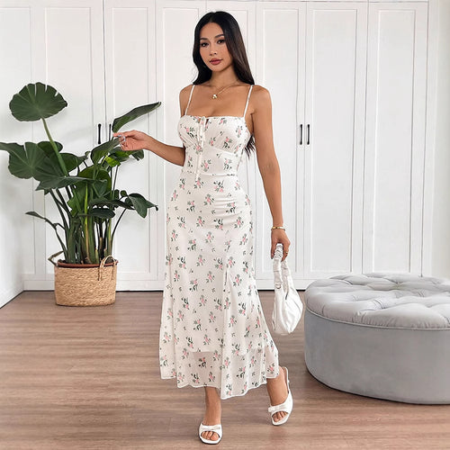 Damen Maxikleid mit feinen Spaghetti-Trägern und floralem Druck EB