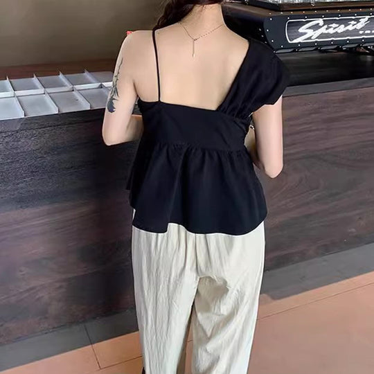 Damen Off-Shoulder Bluse mit modischen Drapierungen und verknotetem Detail EB